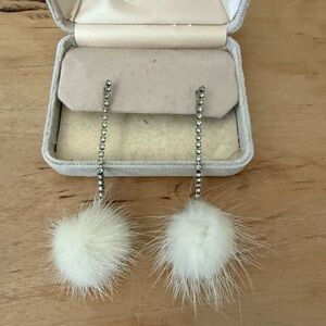 Elegant Silver and White Pom Pom Dangle Earrings